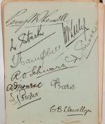 An autograph book started in December 1907 by Geoffrey Austin Street (1894-1940), with most pages still present. Noted a Queensland 1907 team (Armstrong, McLaren, Evans, Redgrave, Hartigan, etc.), a NSW team (Bardsley, Gregory, Carter, Kelleway), a Victor - 11