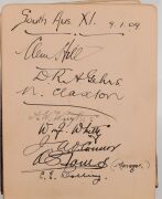 An autograph book started in December 1907 by Geoffrey Austin Street (1894-1940), with most pages still present. Noted a Queensland 1907 team (Armstrong, McLaren, Evans, Redgrave, Hartigan, etc.), a NSW team (Bardsley, Gregory, Carter, Kelleway), a Victor - 15