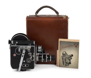 BOLEX-PAILLARD: H16 Supreme 16mm movie camera [#172774] with Schneider-Kreuznach Xenon 16mm f1.9/Yvar AR 75mm f2.8/Switar AR 25mm f1.4 lenses, instruction booklet and other ephemera, Bolex-Paillard leather case, and several other accessories, c. 1954.