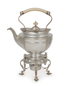 An antique English sterling silver and ivory spirit kettle by James Dixon & Sons of Sheffield, circa 1906, 32cm high, 1007 grams including handle.