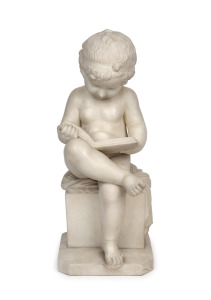 An antique carved Carrara marble statue of a putti figure with book, 19th/20th century, 54cm high.