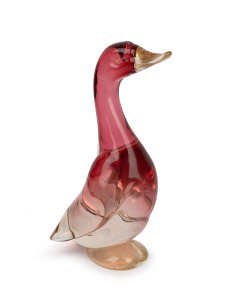 ARCHIMEDE SEGUSO (attributed) red Murano glass duck statue with oro gold foil inclusions to the feet and beak, 31cm high.