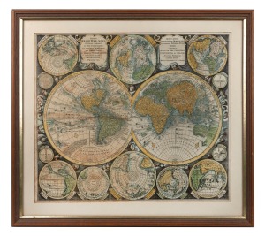 "GLOBI TERR-AQVEI" antique hand-coloured map of the world by Matthaus Seutter (1678-1756), attractively framed and mounted, 59 x 66cm overall.
