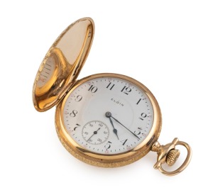 ELGIN antique pocket watch in 14ct gold full hunter case with fine quality engraved decoration, 19th/20th century, 6.5cm high including bow, 93 grams total including movement.