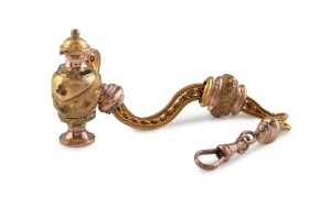 An attractive antique three coloured 15ct gold Albertina fob chain with ornate gold ewer charm, 19th century, 13cm long, 13.4 grams