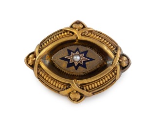 An antique 15ct gold, seed pearl and blue enamel mourning brooch with window back and lock of hair, 19th century, ​​​​​​​5cm wide, 12.3 grams total