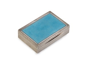 An antique Austro-Hungarian silver snuff box with engine turned decoration and blue and white enamel top, circa 1900, 8.5cm wide, 161 grams total.