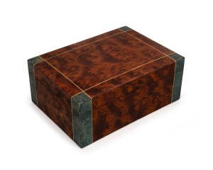 HARDY BROTHERS fine quality antique cigar humidor box, handsomely crafted in burr briar wood with shagreen corners and ivory string inlay, interior fitted with mahogany with adjustable partition, scarlet leather base with gilt embossed retailer's stamp, e
