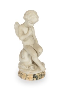 An antique carved Carrara marble cherub statue on Sienna marble plinth, signed (illegible), 19th/20th century, 63cm high.