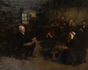 JOHN DOBSON ARCA RSW (1858&ndash;1928), The Covenanters, oil on canvas, signed lower left "H. J. Dobson RSW", with title plaque lower centre, housed in an attractive period gilt frame, an imposing 101 x 126cm, 135 x 160cm overall.
