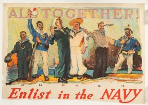 HENRY REUTERDAHL (1870-1925) 'All Together - Enlist in the Navy', original 1917 colour poster featuring sailors from Japan, France, the United States, the United Kingdom, Russia, and Mexico; laid down on linen, the artist's name at right in the plate, pub