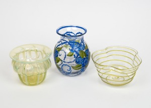 An Art Deco glass vase with hand-painted enamel decoration; together with an antique vaseline glass vase and an art glass bowl, (3 items), the enamel vase 12.5cm high