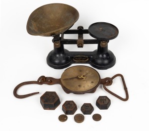 Antique grocers&rsquo; scales and weights, together with a set of hanging scales with brass dial, 19th/20th century, ​​​​​​​the larger 30cm wide.