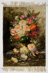 A fine quality hand-woven Persian silk floral wall hanging, signed upper left, ​​​​​​​75 x 46cm including fringe.
