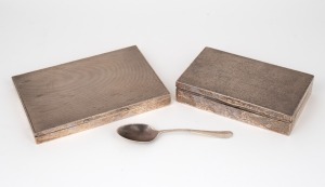 Two antique sterling silver cigarette boxes with cedar lining; together with a Georgian sterling silver teaspoon, 19th/20th century, (3 items), 718 grams total including timber linings.