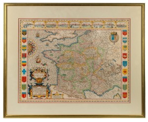 Two antique style hand-coloured maps of Europe and France, housed in matching gilt frames, 60 x 75cm each overall.