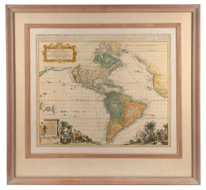 "L'Amerique" hand-coloured map of the Western hemisphere, attractively framed and mounted, 70 x 76cm overall.