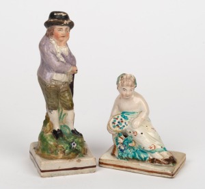 STAFFORDSHIRE two antique English pearl ware statues, early 19th century, A/F, 9cm and 14.5cm high.