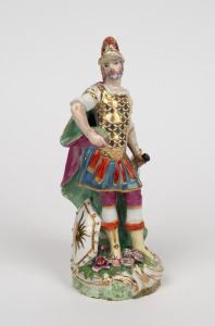 CHELSEA antique English porcelain statue of Mars in Roman armour, 18th century, A/F, gold anchor mark to rear, bearing 1952 Chelsea Exhibition label to base, 20.5cm high.