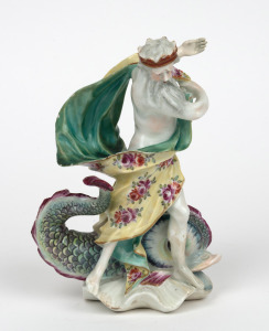 DERBY antique English porcelain statue of Neptune, 18th century, A/F, bearing "Ceramic Collectors Society Exhibition" label, 16.5cm high.