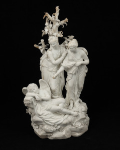 WILLIAM DUESBURY & CO. "Two Virgins Awakening Cupid" Derby bisque antique English porcelain statue attributed to Pierre Stephan after the painting by Angelica Kauffman, circa 1778-1790, A/F, incised to base "No. 195", bearing "Ceramic Collectors Society E