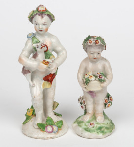 BOW two antique English porcelain statues, 18th century, A/F, both bearing "Ceramic Collectors Society Exhibition" label, ​​​​​​​10.5cm and 13.5cm high.