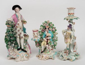 Three antique English floral figural porcelain candelabra statuettes, 18th century, A/F, the largest 28cm high.