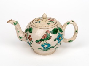 STAFFORDSHIRE antique English salt glazed stoneware teapot, circa 1765, ​​​​​​​11cm high, 19cm wide.