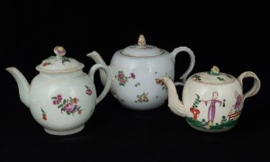Three antique English porcelain and cream ware teapots, including Royal Worcester and Staffordshire, 18th century, the largest 15cm high.