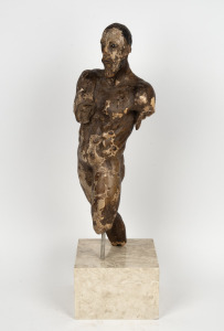 An antique Italian polychrome statue of a man with inlaid glass eyes, 17th/18th century, note: in relic condition with losses and fire damaged finish, later stand. 70cm high overall.