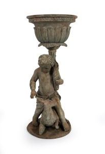 A cast bronze figural garden urn in the antique style, 20th century, 109cm high, 46cm wide.