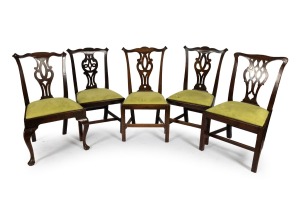 Five antique Georgian Chippendale period dining chairs, English oak and Cuban mahogany, 18th century, with modern lime green microsuede upholstery.