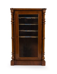 An antique English burr walnut music cabinet, circa 1880, 93cm high, 59cm wide, 39cm deep.