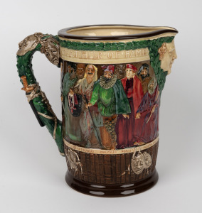 ROYAL DOULTON "The Shakespeare" jug, limited edition English porcelain jug numbered 272/100, factory mark and title to base, 27cm high, 28cm wide