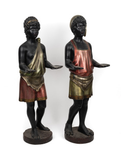 A pair of antique hand-painted fired plaster statues, circa 1920, 85cm and 86cm high