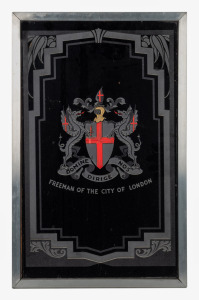 "FREEMAN OF THE CITY OF LONDON" vintage etched glass hand-painted sign, 62 x 39cm overall.