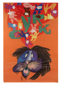 CIRCUS: Two Polish circus posters created by artists of the Polish School of Posters. One poster from 1965 depicts a lion balancing circus performers, by Tadeusz Jodlowski (1925 - 2015). The second poster, from 1968, depicts a balancing acrobat with the t