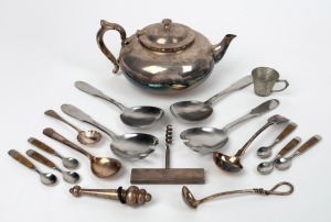 ROBUR silver plated teapot, GEORG JENSEN stainless steel salad servers, assorted cutlery, pewter cup and wine stopper, 20th century, (18 items)