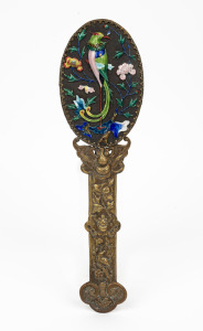 An antique Chinese hand-mirror with enamel bird and floral decoration and repousse brass handle, 19th/20th century, 32cm high.