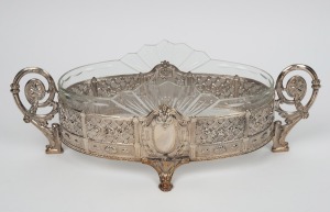 W.M.F. antique German silver plated centrepiece with original cut crystal liner, 19th/20th century, 15cm high, 43cm wide.