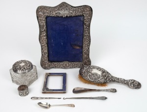 Antique sterling silver vanity ware, Georgian sterling silver teaspoon; together with antique sterling silver picture frames (the smaller attractively adorned with repousse koala decoration), 19th/20th century, (9 items), the koala frame 11.5 x 9cm.