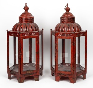 A pair of Indian metal and glass painted hanging lanterns, ​​​​​​​70cm high overall.