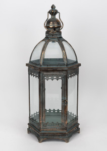 An Indian metal and glass hanging lantern with gilt copper finish, 70cm high.