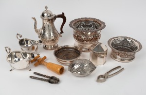 Antique and vintage silver plated wine bottle coasters, sauce boats, coffee pot, nut crackers etc., 19th and 20th century, (12 items), the largest 25cm high.
