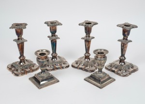 Three pairs of silver plated and old Sheffield candlesticks, 19th/20th century, (6 items), ​​​​​​​the largest 18cm high.