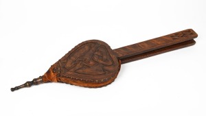 LIBERTY & Co. (attributed) antique English Arts & Crafts carved oak bellows with Celtic motif, designed by ARCHIBALD KNOX, circa 1905, note: leather perished, 73cm long.