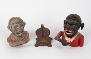 Three hand-painted cast metal money boxes, mixed vintages and condition, the largest 14cm high.