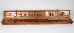 GRAMPUS vintage Japanese split cane fishing rod set in original spruce box with accessories.
