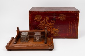 An antique English oak desk set with two square cut crystal bottles; together with a vintage Chinese timber box with hand-painted decoration, 19th/20th century, (2 items), ​​​​​​​the desk set 36cm wide.