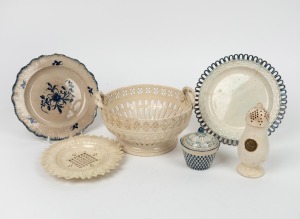 Antique English pierced porcelain bowl, dish, plates (2), honey pot and sugar castor, mostly 18th century, (6 items), A/F, ​​​​​​​the bowl 12.5cm high, 22cm wide.